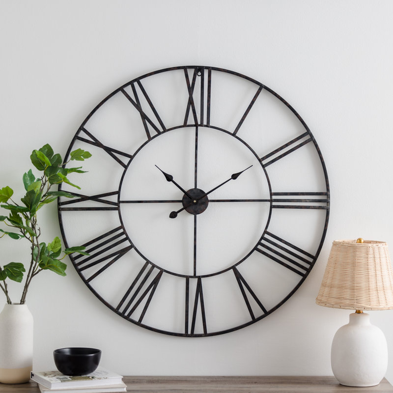 Solange Round Metal Farmhouse Wall Clock, Distressed Gray, Large