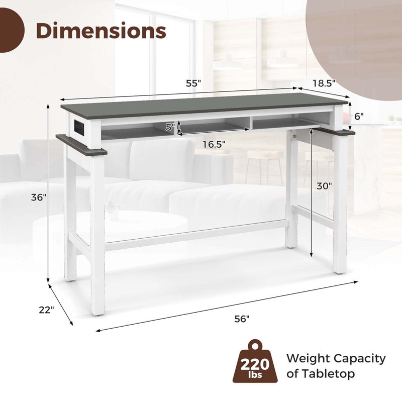 Ebern Designs Bar Table With Power Outlets Counter Height Table With Storage Compartments Wooden, Grey, White