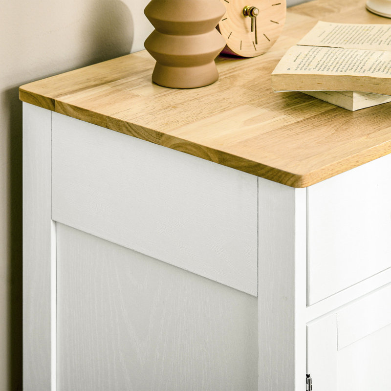 Buffet blanc vieilli - comptoir en bois massif, 2 tiroirs, portes, tablette de rangement attrayante avec tablette réglable, armoire d'appoint