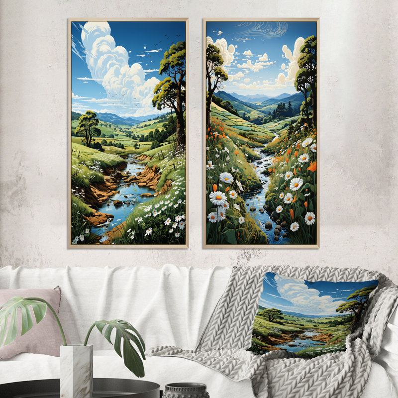 «Countryside River Bend», 2 pièces sur toile, Encadrement brun, H 32 po x l 32 po