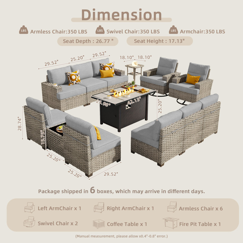 10-person  Outdoor Sectional With Cushions,swivel Rockers,led Coffee Table And Fire Pit,all-weather Wicker Patio Set
