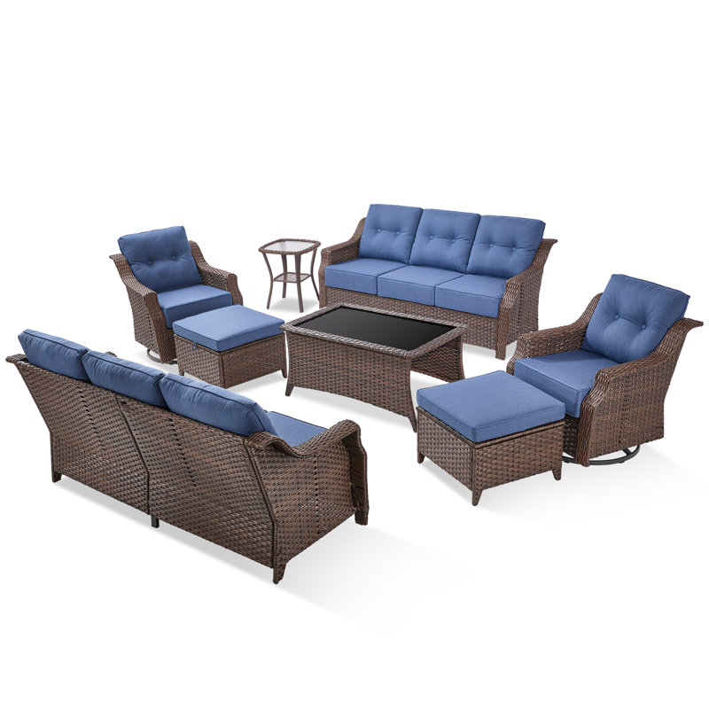 Ensemble de conversation d'extérieur en osier PE pour 8 personnes avec coussins de 6 po Craftedcane, Bleu