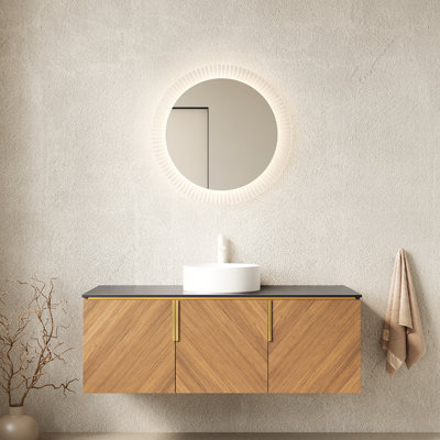 Wall - Mounted, 48" Bathroom Vanity, Black Sintered Stone Top, White Ceramic Sink, Brown Oak Cabinet, 3 Doors, Soft Close, Good Water Resistance Vessel Easy To Install