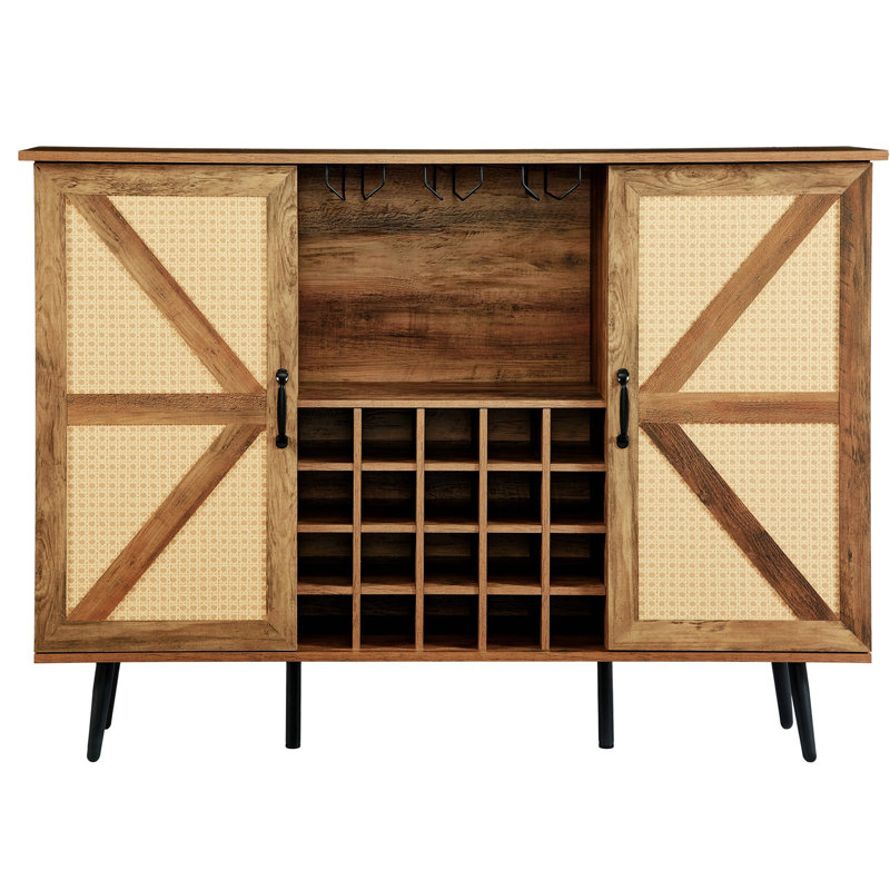 Armoire à vin en faux rotin avec porte et porte de grange, Chêne / noir