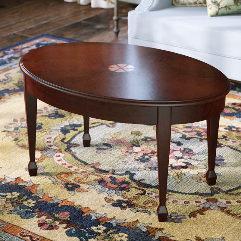 Cherry Oval Wood Coffee Table with Maple Inlay