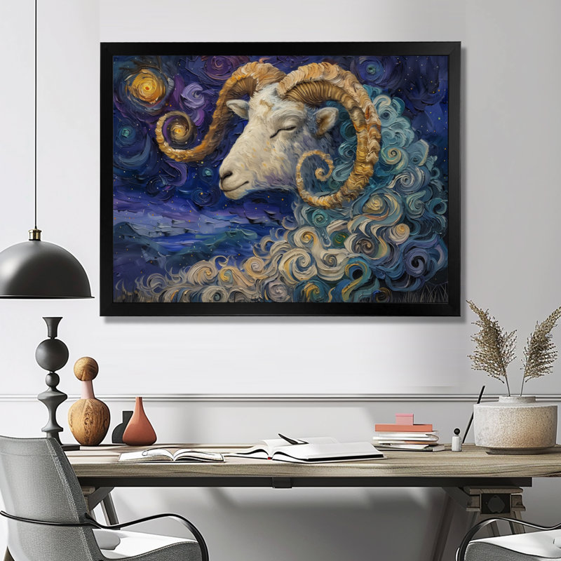 Bleu, blanc, astrologie, cosmique, alpiniste, Capricorne II - astronomie, art mural, 12" H x 20" W, Cadre simple noir