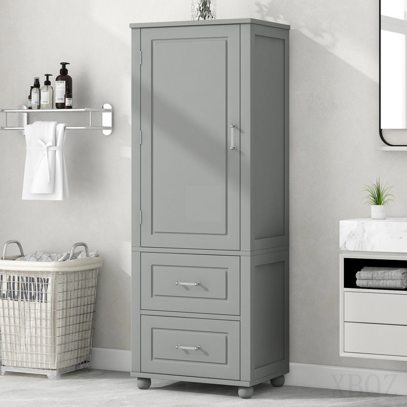 Tall Bathroom Storage Cabinet, Freestanding Storage Cabinet With Two Drawers And Adjustable Shelf, Mdf Board With Painted Finish, Grey