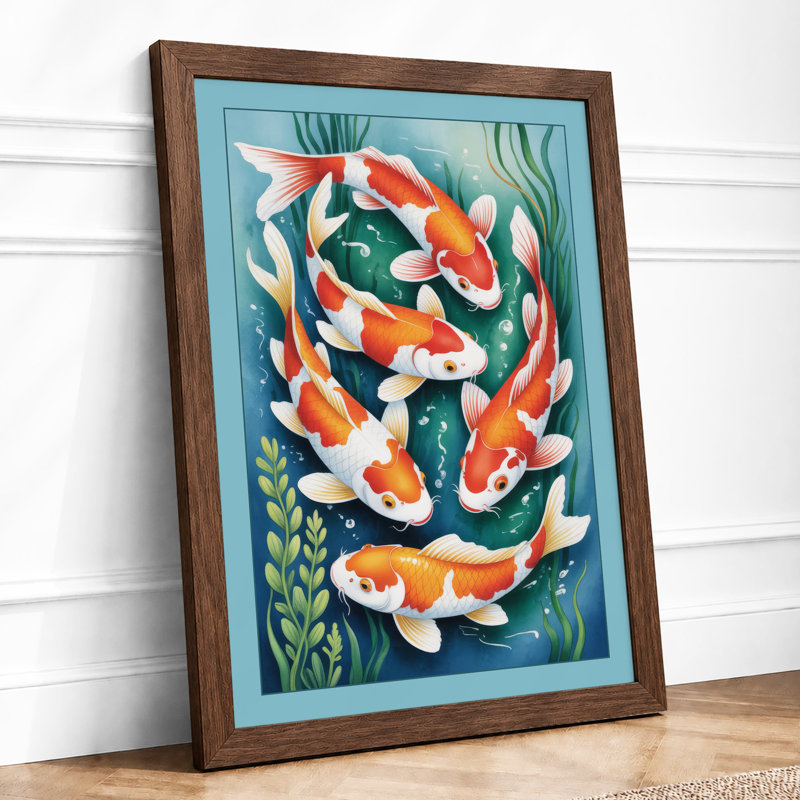 Koi Among Waterplants Japandi - Framed Print, A1 - 84.1 x 59.4 cm, Walnut