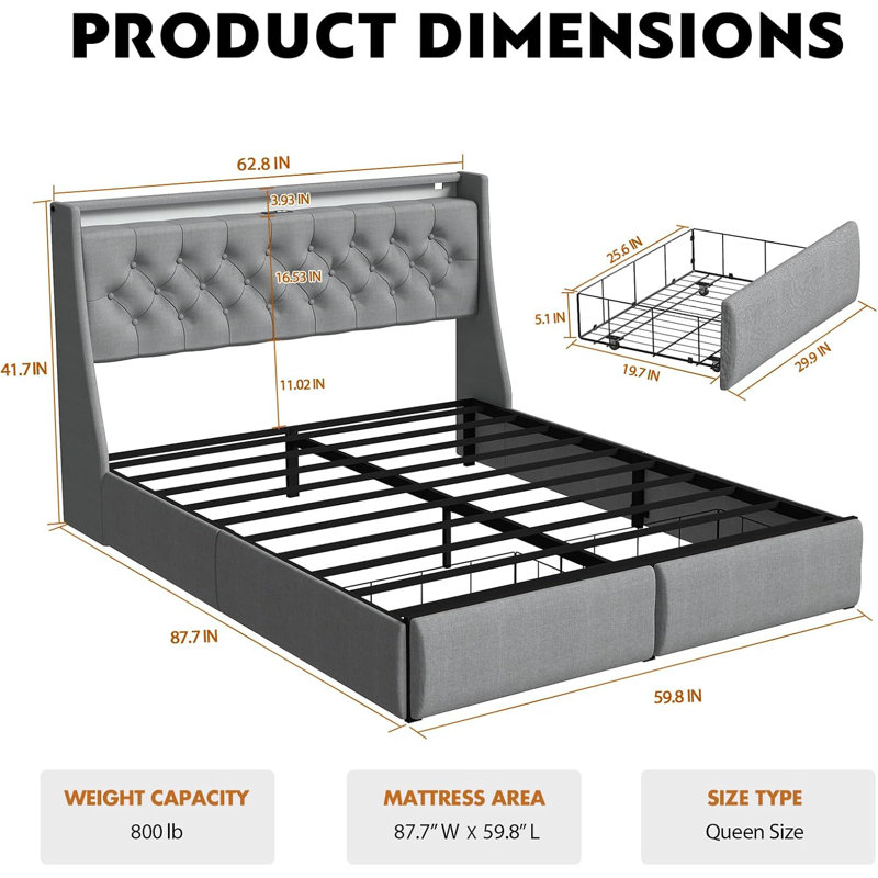 Structure de grand lit avec tête de lit, lit tapissier avec 2 tiroirs de rangement, station de charge USB intégrée et lumières DEL, cadre de lit plateforme avec lattes en métal, gris