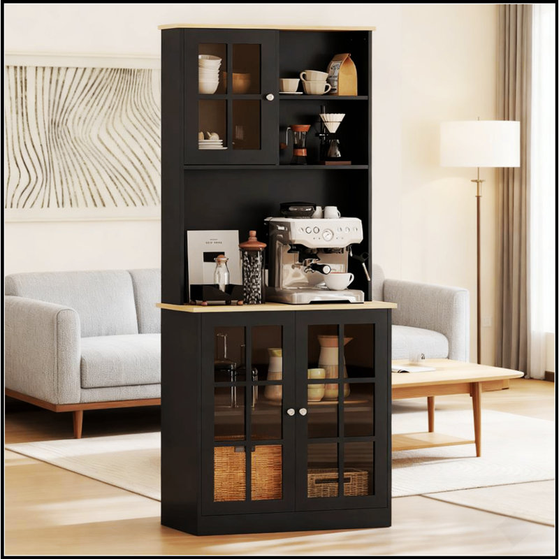 Armoire de cuisine autoportante avec portes en verre et tablettes réglables pour le rangement et la présentation organisés