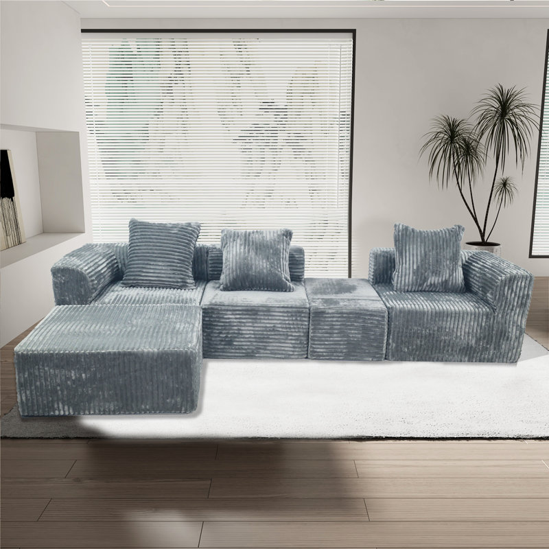 Canapé convertible modulable 4 places de style américain, gris, assise mi-ferme, mousse 100 % neuve, housse en velours côtelé brossé, ne rétrécit pas et ne tache pas la peau