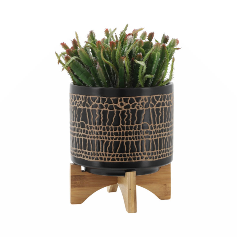 Jordahl Ceramic Planter with Bamboo Stand - Decorative Indoor and Outdoor Plant Pot with Modern Textured Design - Stylish Home and Garden Accent for Flowers, Succulents, or Herbs