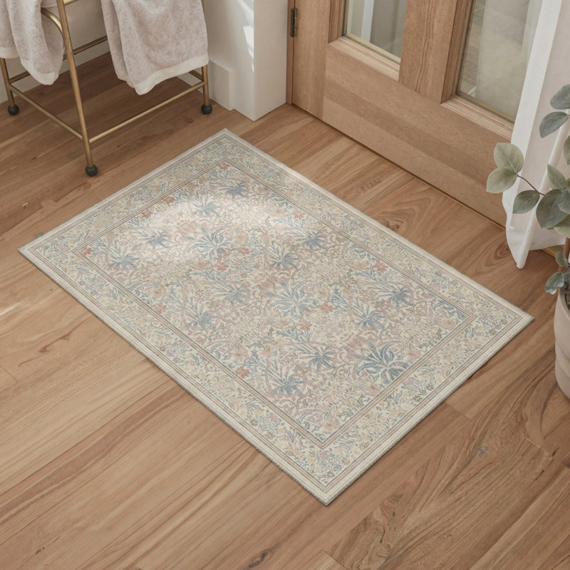 Floret Modern Machine Washable Pink / Beige / Blue Indoor Area Rug with Non-Slip Backing, Round 5'