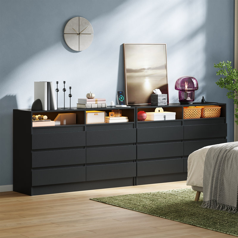 Modern 6-drawer Dresser With Led Lights And Power Outlet, Storage Chest With Charging Station, Black