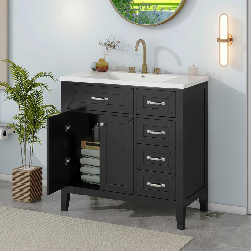 Ensemble de meuble-lavabo 36 po avec lavabo, armoire de salle de bain noire avec tiroirs, structure solide et panneau de fibres à densité moyenne