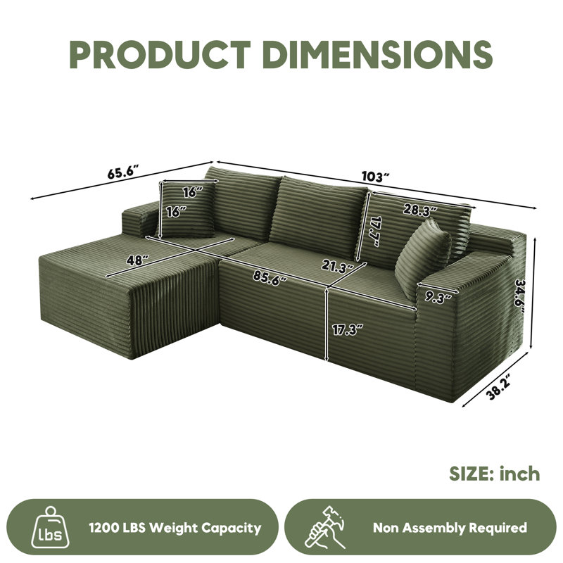 Boneless Modular Sectional Sofa, Cloud Couch, Left Hand Facing, Green