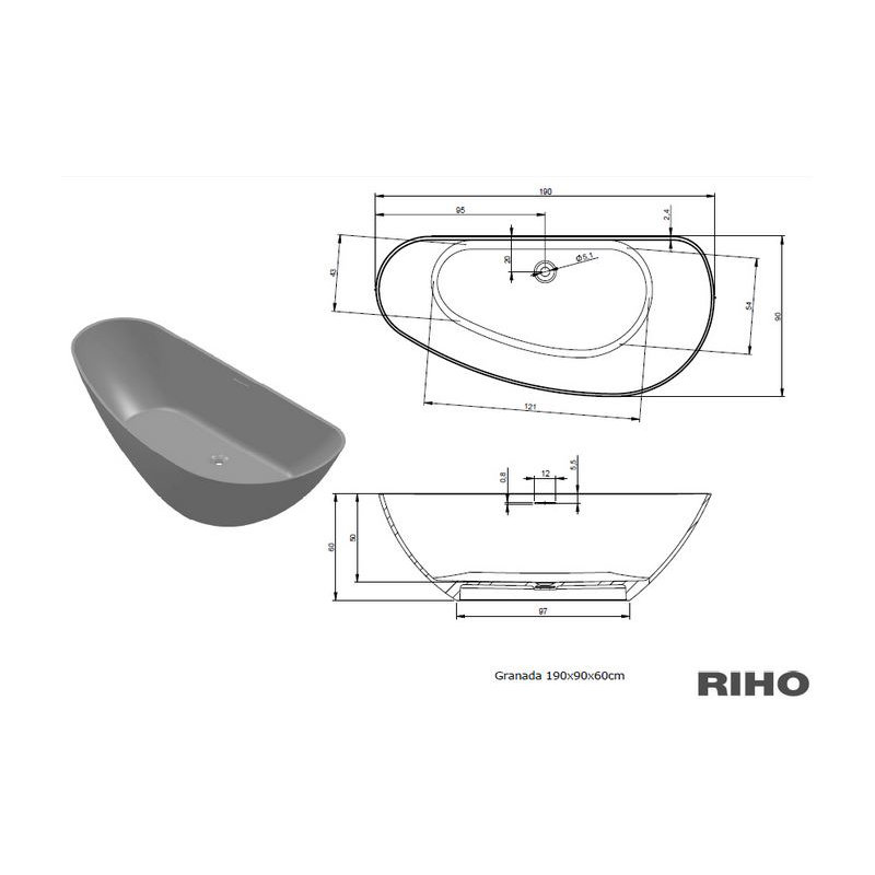 1950mm x 950mm Standard Acrylic Bathtub