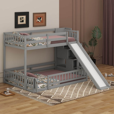 Twin Over Full Solid Pine Wood Bunk Bed – Slide, Storage Staircase & Safety Guardrails