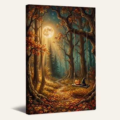 Chemin forestier d'automne au clair de lune avec balançoire et citrouille d'Halloween - Toile murale