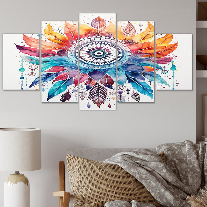 «Orange» et «Blue Boho Dreamcatcher Watercolor I», reproduction sur toile - 5 panneaux