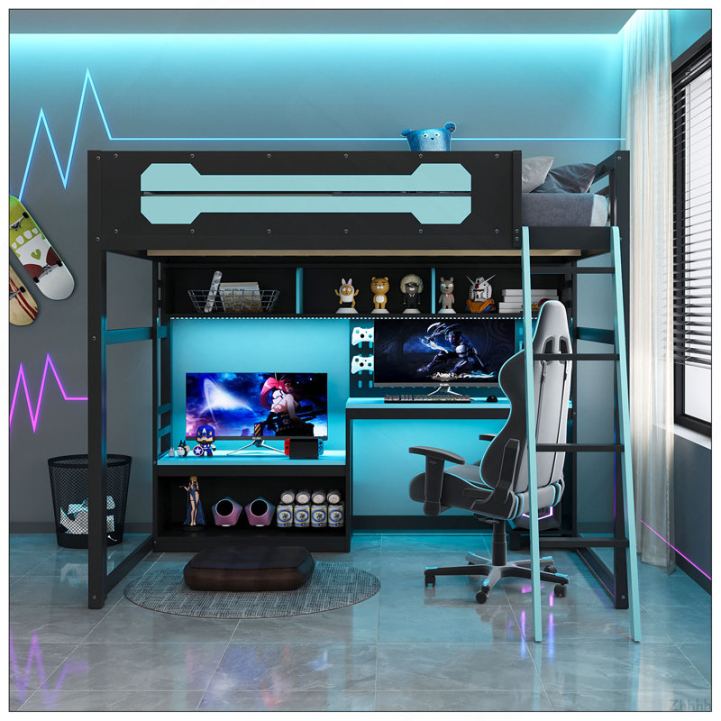 Lit mezzanine double en bois avec bureau, tablettes, lumières DEL, ports USB et panneau perforé, noir et bleu, Noir + bleu