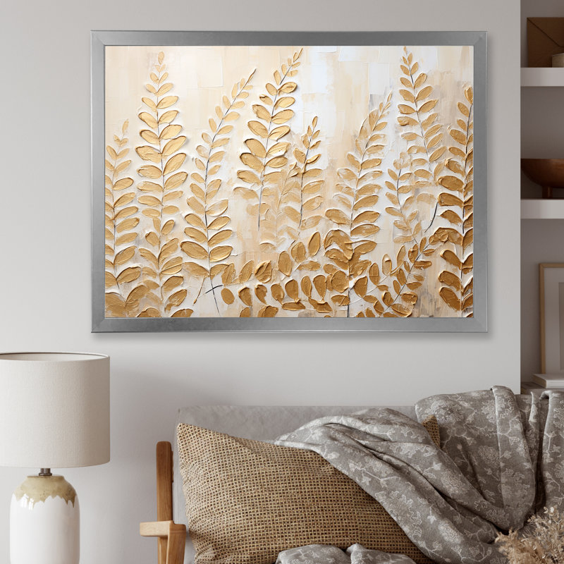 Fougères dorées, escapade silencieuse sur toile, H 24 po x l 32 po x P 1 po, Cadre simple argenté