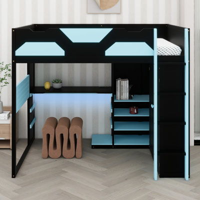 Lit mezzanine fonctionnel avec bureau d'étude, rangement à plusieurs niveaux, connectivité USB et lumières RVB personnalisables