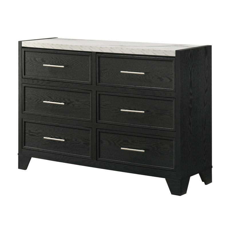 Commode moderne à 6 tiroirs 1pc avec plateau en faux marbre blanc et finition noire pour la chambre à coucher