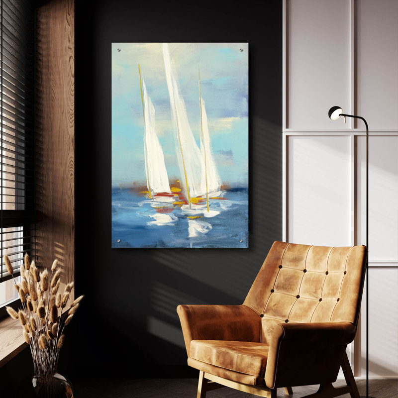 Art mural en verre épique «Summer Regatta 3 Red Yellow» par Julia Purinton, H 36 po x l 24 po x P 0,2 po