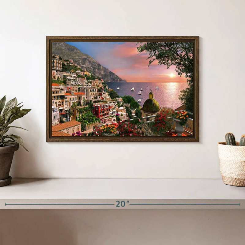Bord de mer Positano, 13 po x 9 po, Cadre flottant noyer