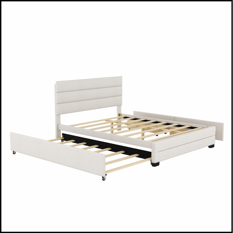 Lit plateforme tapissier avec lit gigogne et deux tiroirs, combinant confort, rangement et design moderne pour une solution parfaite pour la chambre à coucher.