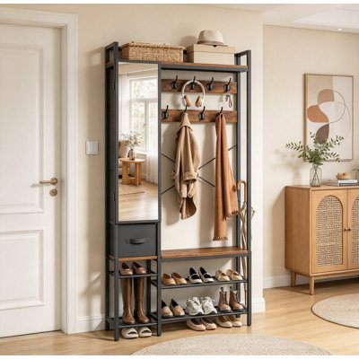 Open Wardrobe with Mirror And Shoe Storage - Coat Rack with 9 Hooks 2 Drawers And Adjustable Shelf