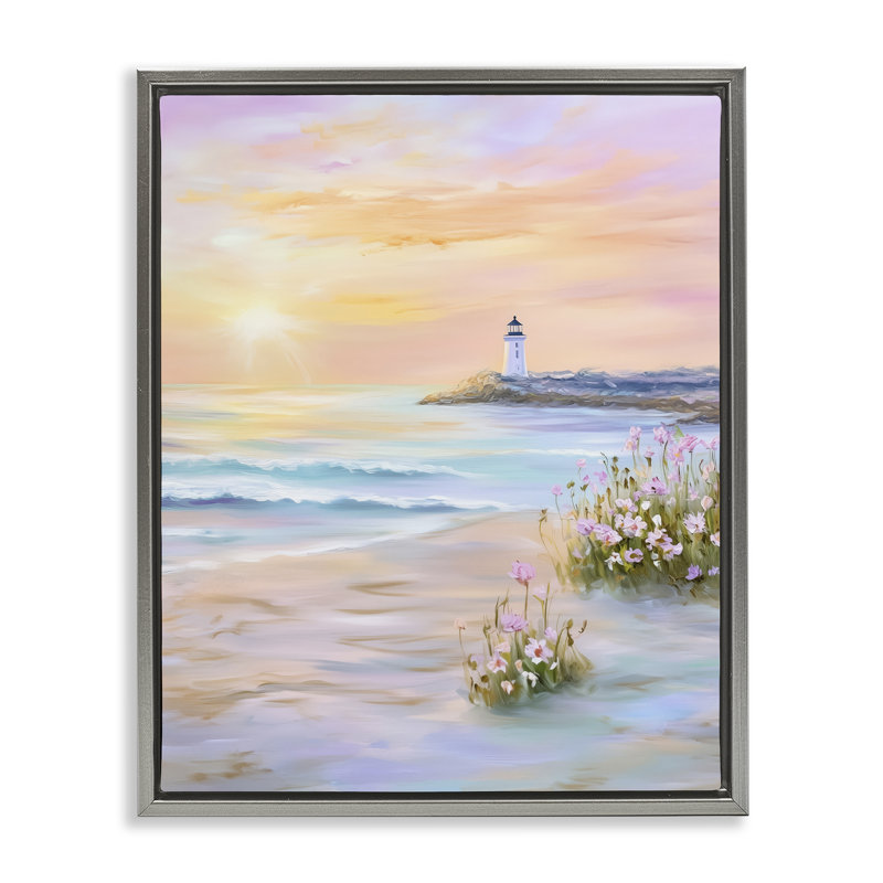 Warm Sunrise with Distant Lighthouse Floating Frame, design by Arlington Prints, Lustre Grey Floater Frame, 31" H x 25" W