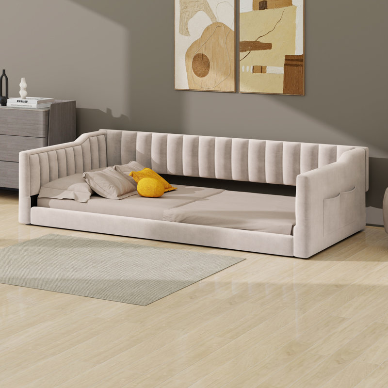 Upholstery Daybed And Side Storage Pocket, Beige