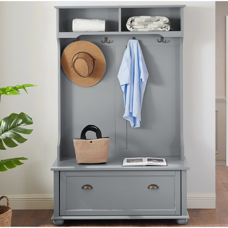 Modern Classic Hall Tree with Shoe Rack, Bench, and Coat Hooks for Entryway Storage and Organization, Gray