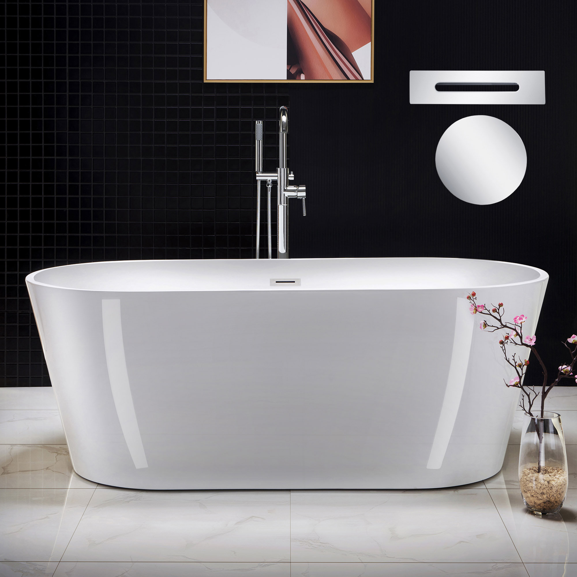 67" x 32" Freestanding Soaking Acrylic Bathtub, Chrome, White