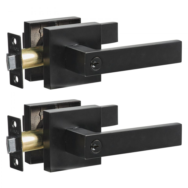 Entry Lever Door Handle, Black Entry Knob, Lock and Key Locking Lever Set, Contemporary Square Door Lever, Reversible for Right and Left Sided Doors, 45° Rotation to Open, for Front Door