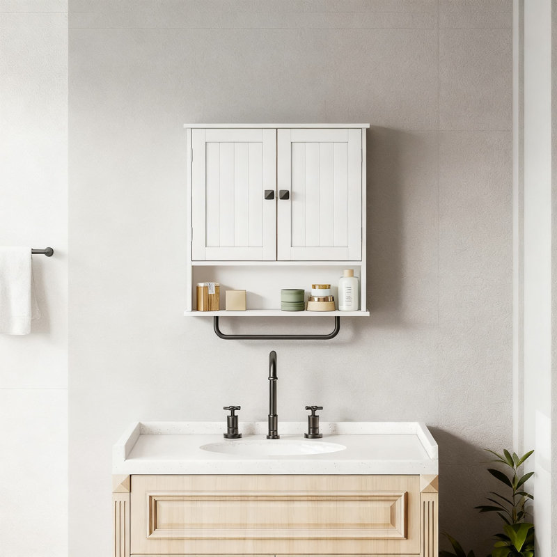 Armoire de salle de bain murale avec barre à serviettes, armoire de rangement au-dessus de la toilette avec 2 portes et tablette réglable pour salle de bain, cuisine, salle de lavage