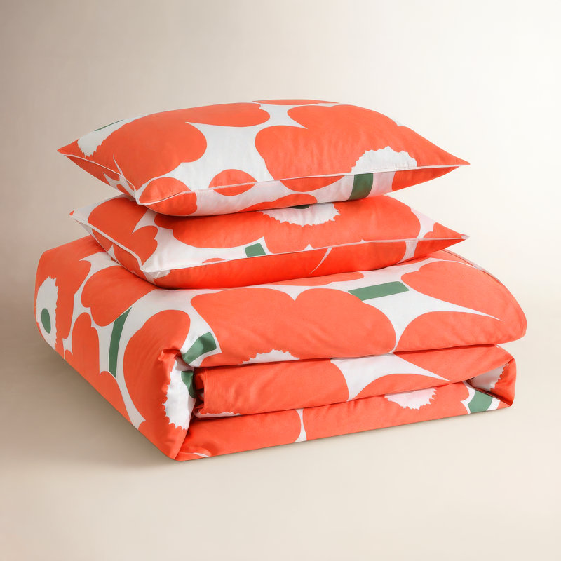 Unikko Orange/Green/White Organic Cotton Duvet Cover Set, King Duvet Cover + 2 King Shams, Orange/Green/White