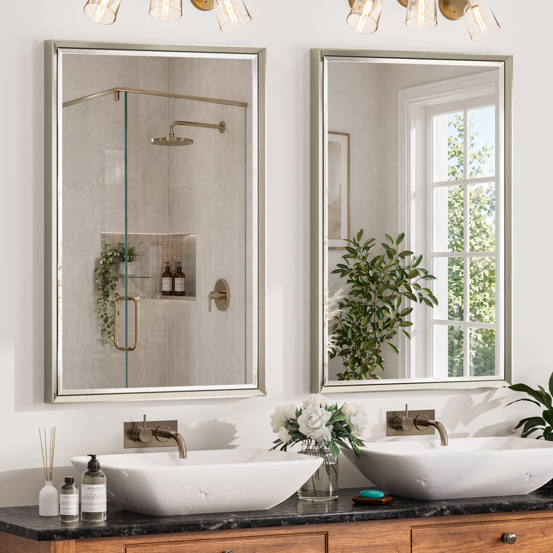 Miroir de salle de bain biseauté avec verre trempé et cadre en aluminium (ensemble de 2), 24" x 36", Brushed Nickel