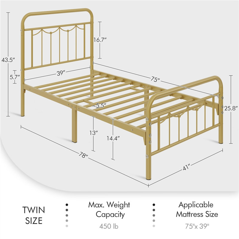 Antique Gold Twin Metal Bed Frame with Headboard and Slats