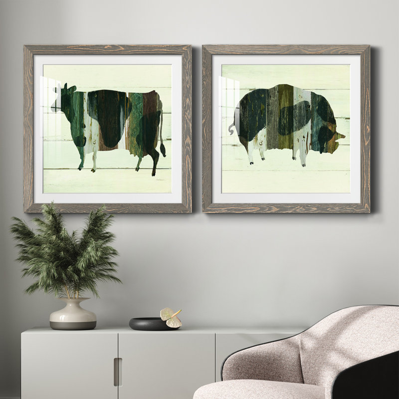 Woodgrain Cow - ensemble de 2 cadres photo, H 34,5 po x l 69 po x P 1 po, Encadré gris