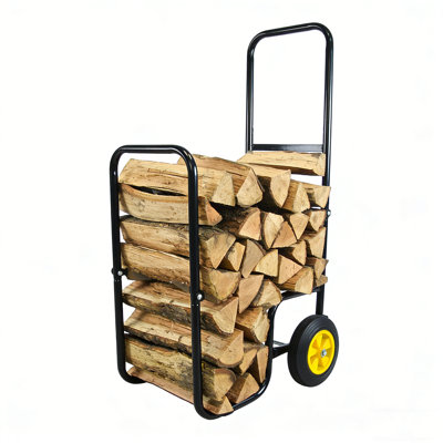 Rolling Firewood Log Cart Carrier And Indoor/Outdoor Steel Wood Storage Rack Dolly