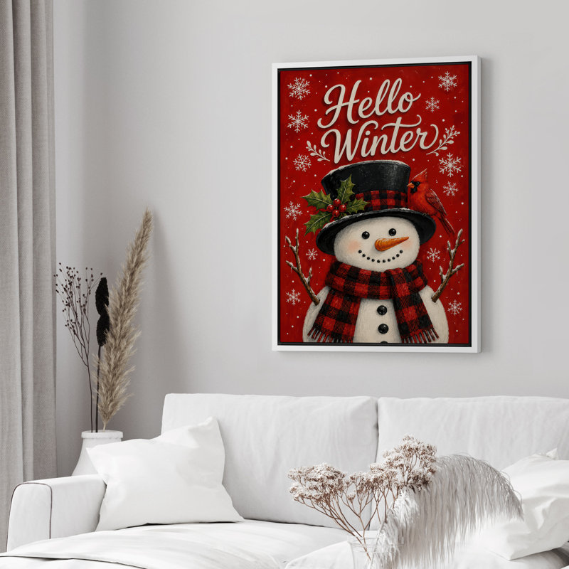 «Hello Winter Snowman and Red Cardinal Holiday Decor», reproduction d'art sur toile encadrée, 36" H x 24" W x 1.5" D, White