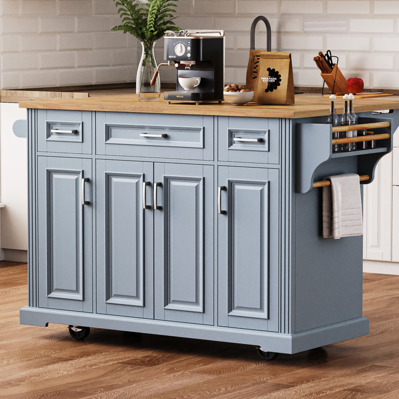 Fancy & Rustic Large Kitchen Island With Rubber Wood Drop Leaf - Embossed Texture Rolling Kitchen Cart With Ample Storage