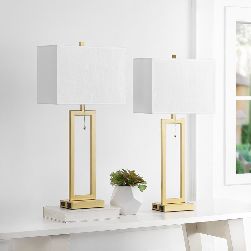 28.5" Metal Table Lamp Set With USB, Type-C Ports And Built-in Outlet , Gold