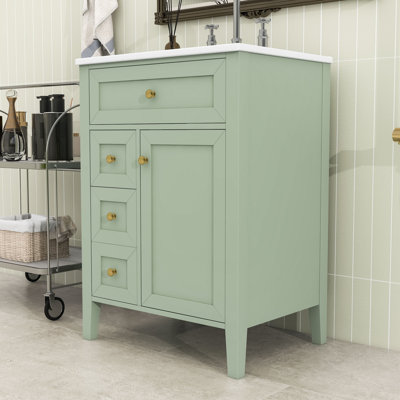 Meuble-lavabo autoportant moderne avec pieds en bois massif, lavabo en céramique et rangement à fermeture en douceur