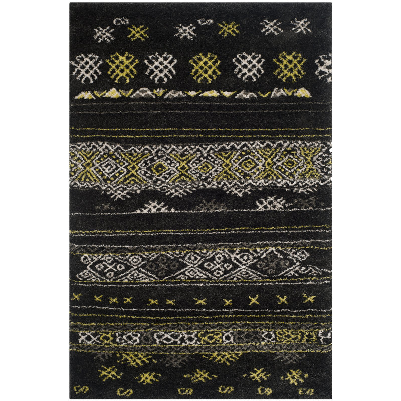 Black and Green Rectangular Hand-Knotted Shag Rug
