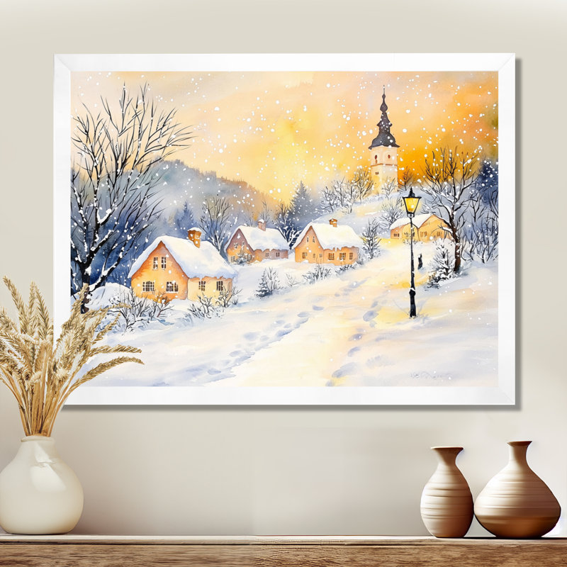 «Snowy Village At Night I - Winter Landscape», art mural, H 30 po x l 40 po, Blanc