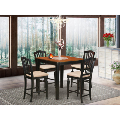5 Piece Kitchen Counter Set Includes a Square Dining Table and 4 Linen Fabric Dining Room Chairs, Black & Cherry